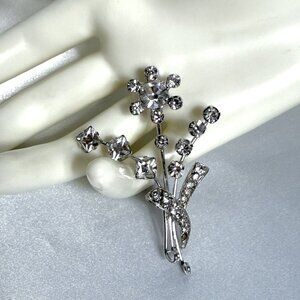 Vintage Rhinestone Floral Brooch 2.5” – Silver Tone Bouquet Pin, Mid-Century